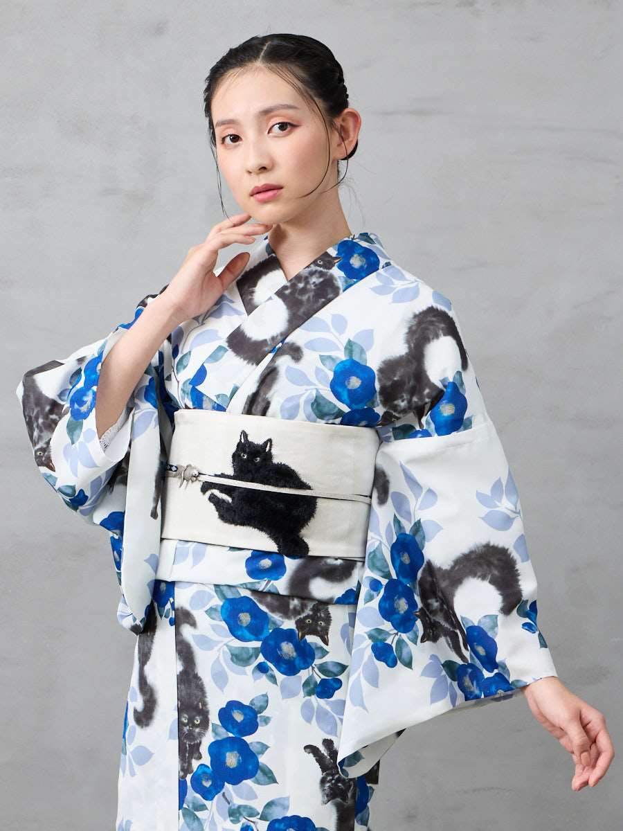 残りわずか】浴衣単品「 水墨猫 」(FREE ダークレッド): ふりふ