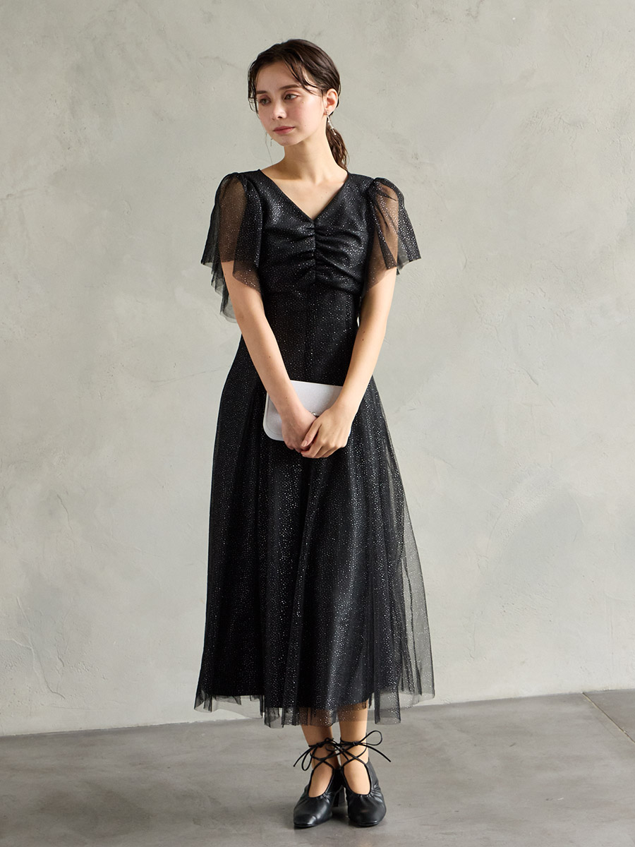 グリッターチュールフロントギャザーレースアップドレス(M ピンク