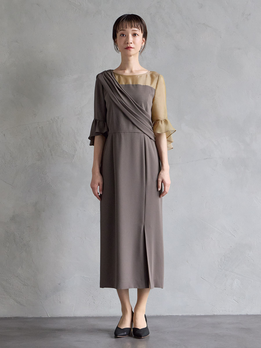 WEB/Aimer Acret店限定】アシンメトリー袖付きIラインドレス(M レンガ