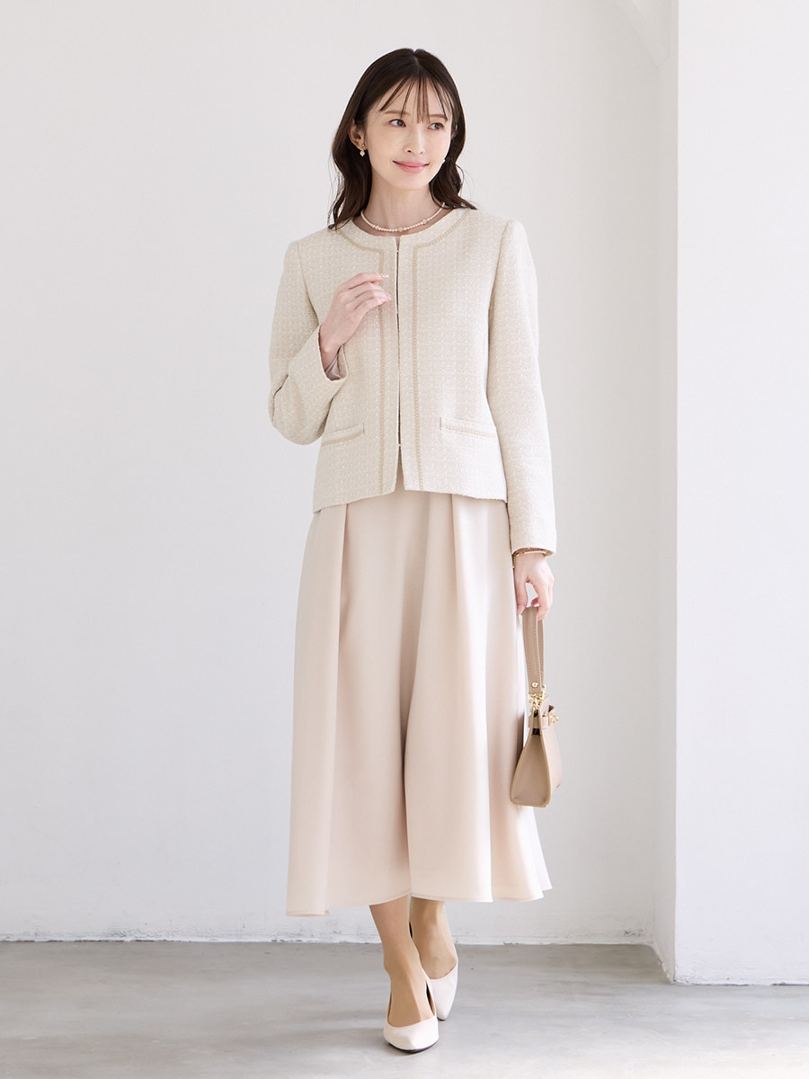 レース袖×ウエストタックフィット＆フレアワンピース(M ベージュ