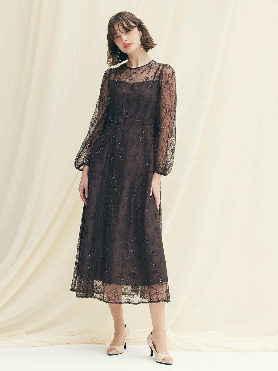 スパンコールフラワー刺繍ロングスリーブドレス(S ブラウン): AIMER