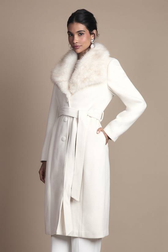 Jackets & Coats | Ivory Faux Fur Collar Occasion Belted Midi Coat