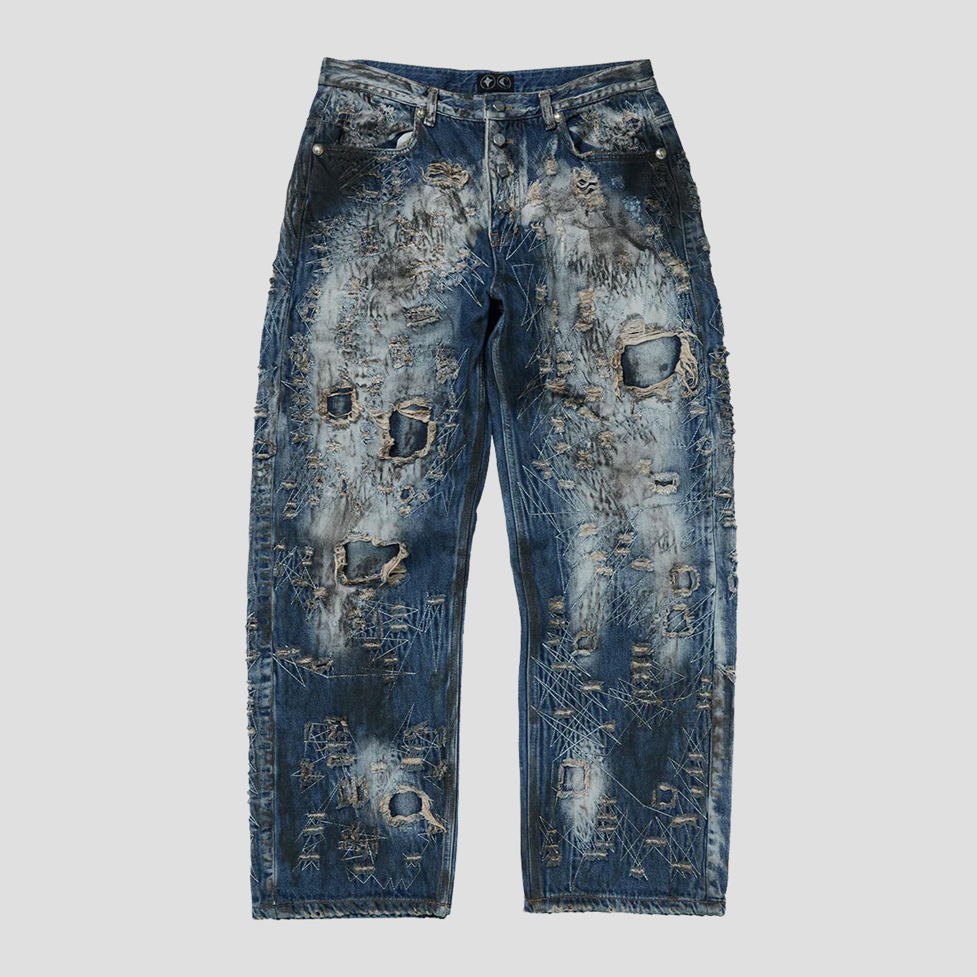 THUG CLUB - HARD-WASHED DAMAGED DENIM PANTS