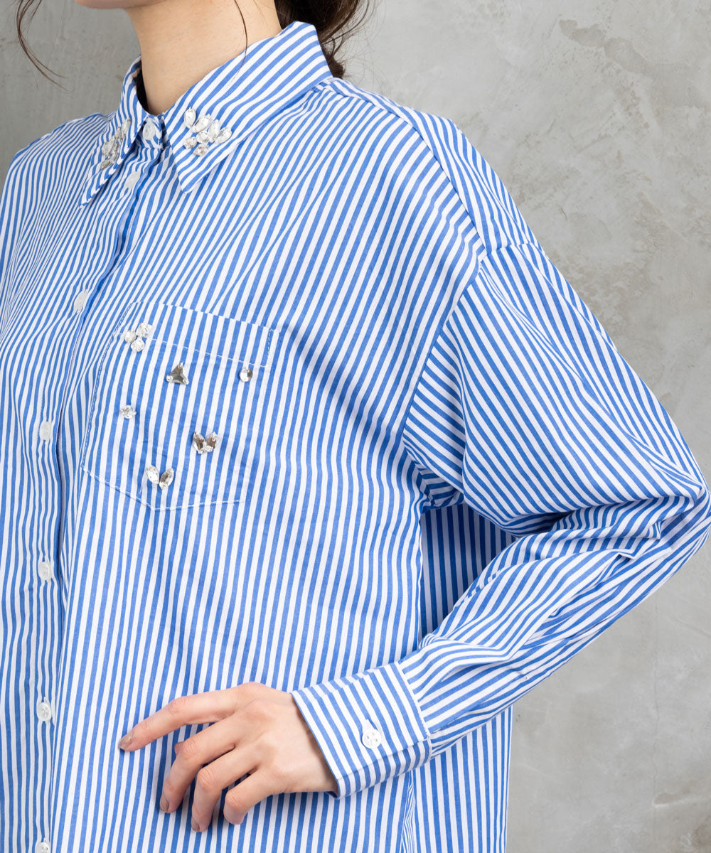 大きいサイズ レディース シャツ ストライプシャツ ビジュー