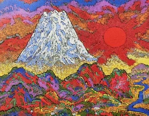 絹谷幸二、絵画、油彩4号ミックストメディア日月白雪富士、肉筆、新品