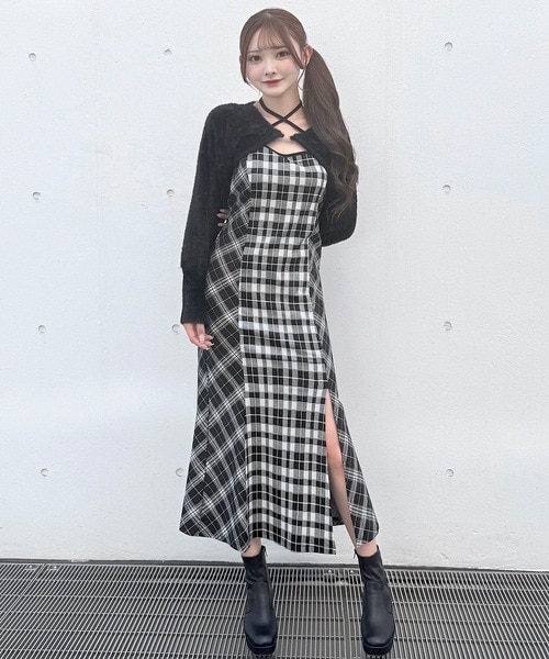 シャギーボレロロングチェックワンピース｜ワンウェイの通販｜&mall