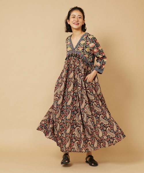 Freada/フリーダ インドプリント刺繍ラメステッチワンピース