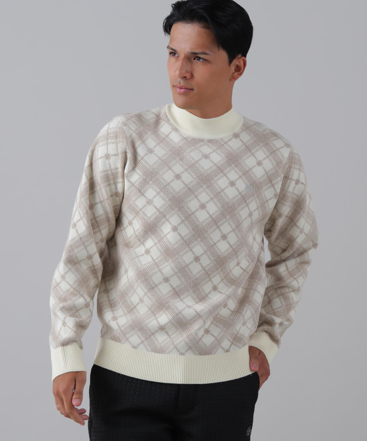 12Gケルトバイヤスチェックジャガードモックネックニットプルオーバー