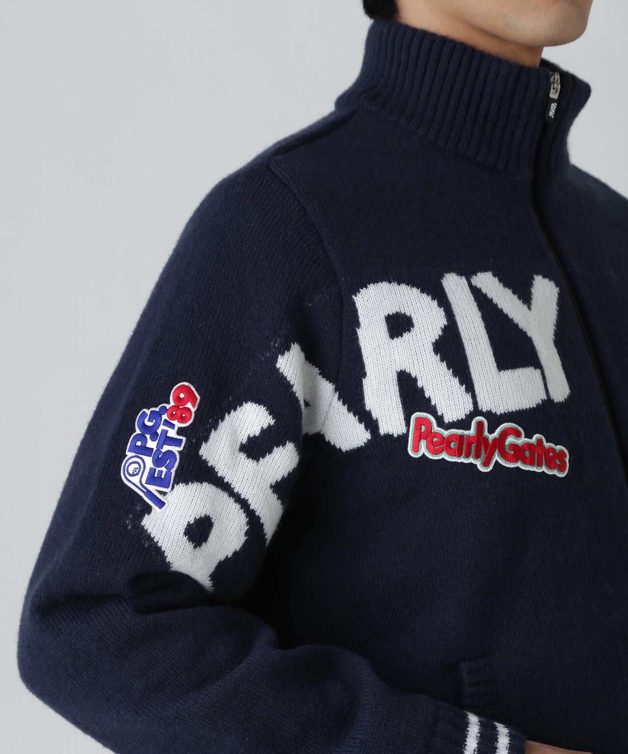 7G部分ジャガード×ストレッチ裏地フルジップニットブルゾン | PEARLY