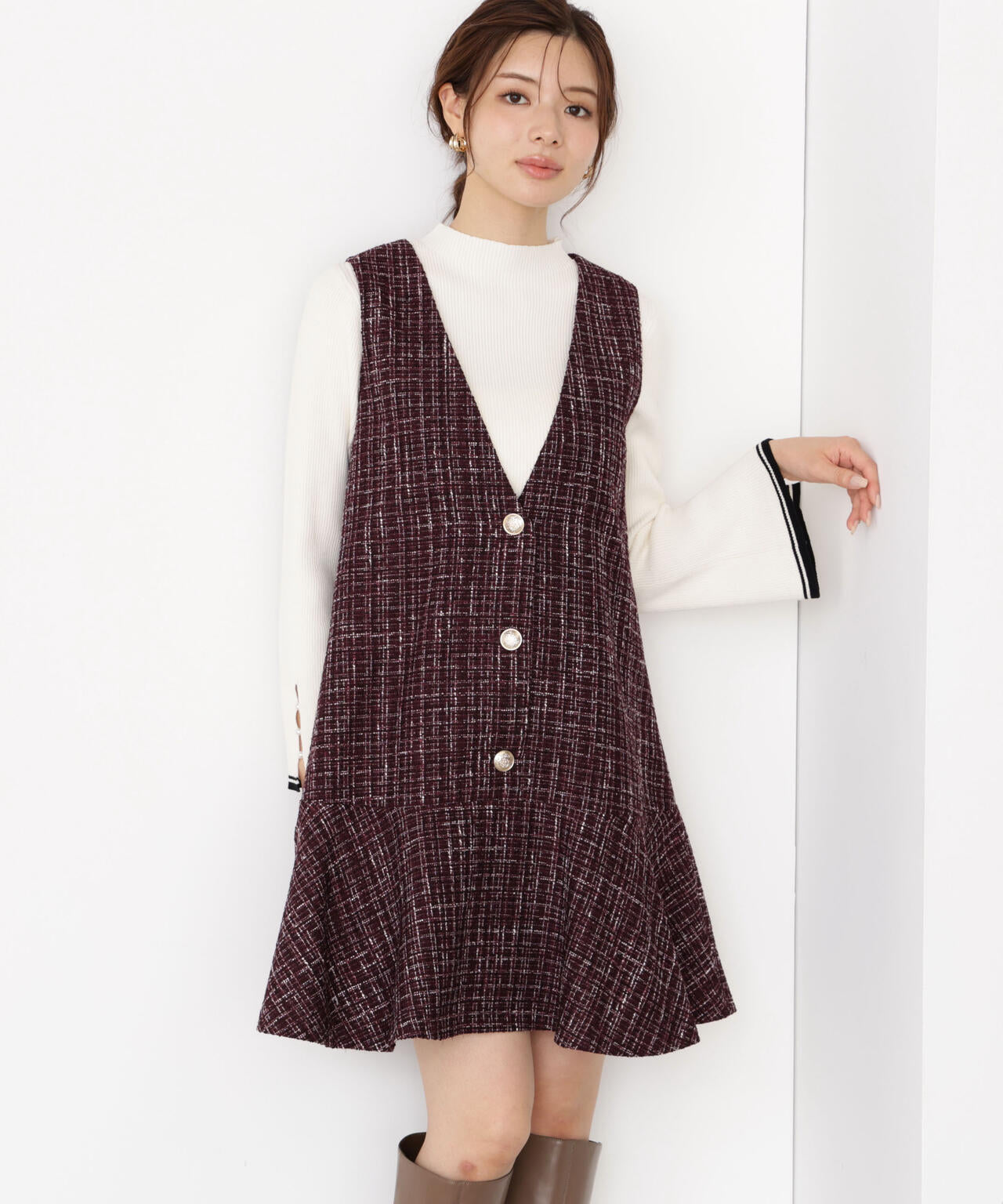 松川星さん着用】ラメ釦ツイードミニジャンスカ | PROPORTION BODY