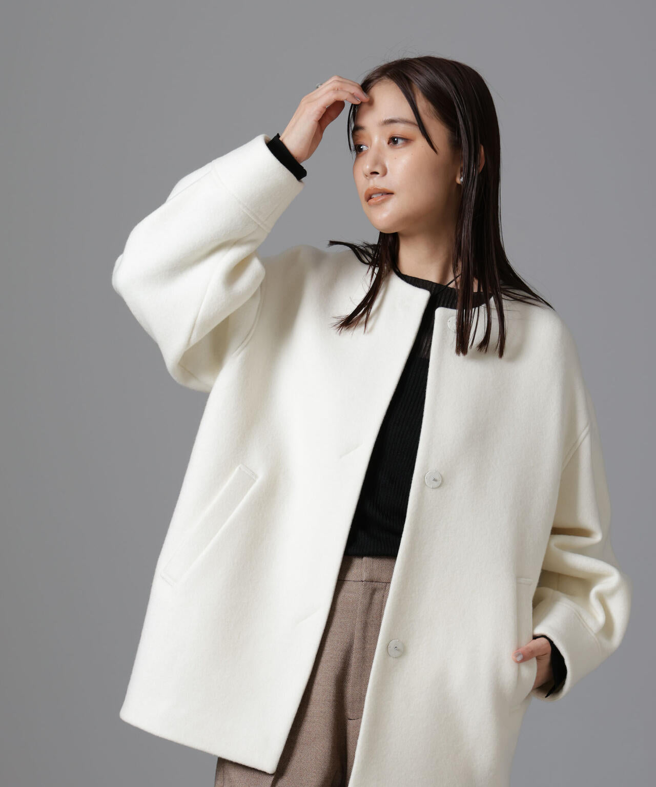 PECOLAMBウールカシミヤノーカラーミドル丈コート | NANO universe