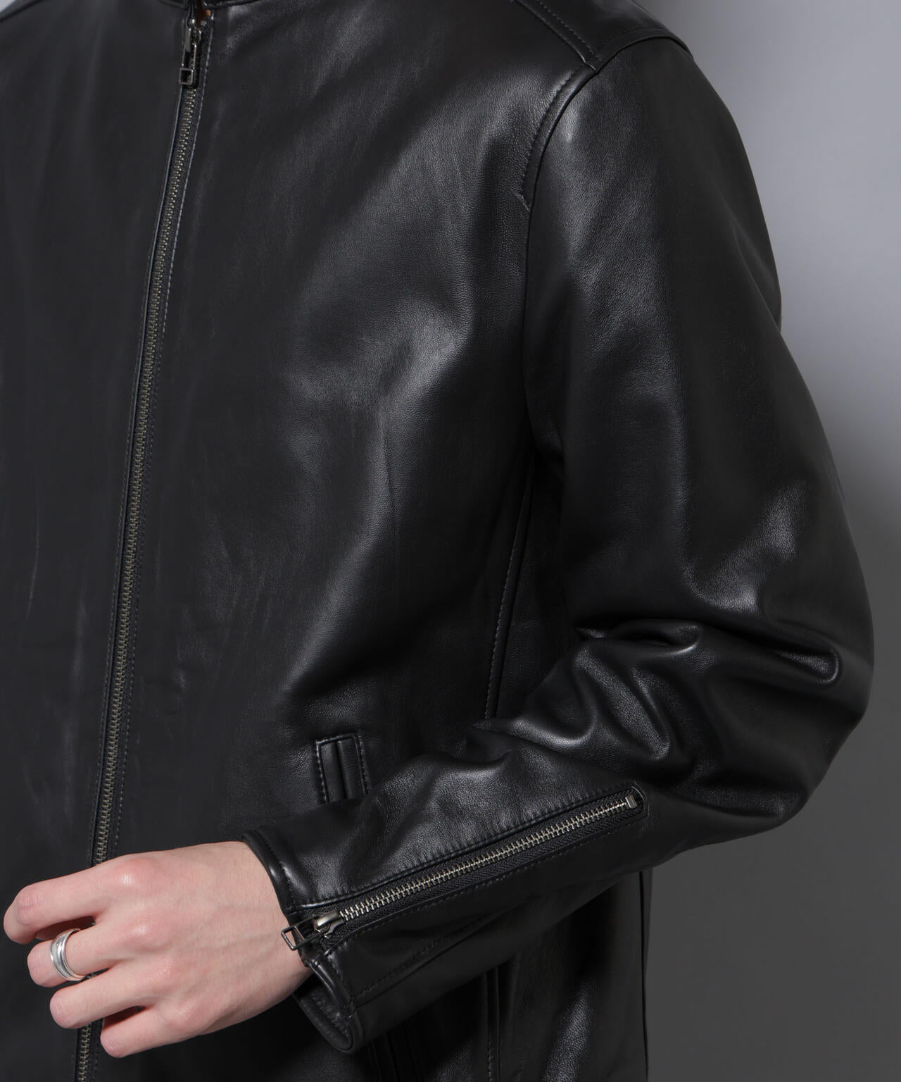 バンドカラーレザーシングルライダースジャケット | NANO universe