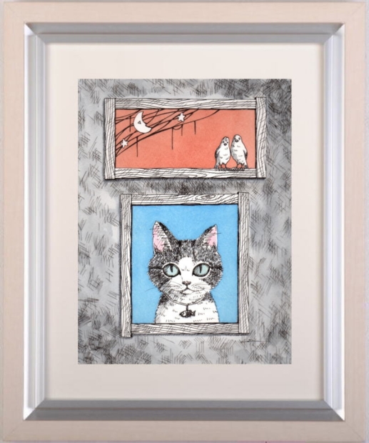猫の絵画をミクストメディアで描いた香月和夫の猫の絵「夜空で愛を語