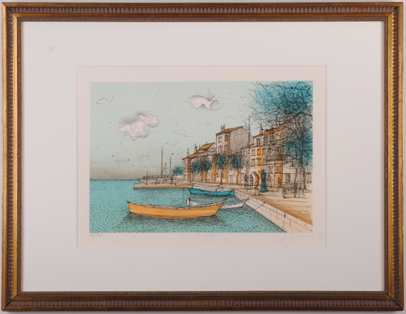 海の絵画をリトグラフの版画で制作したジャン・カルズーの海の絵「港の