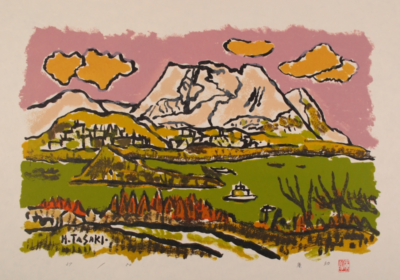 田崎廣助がリトグラフの版画で制作した山の絵画「晩秋の妙高」を通販で販売