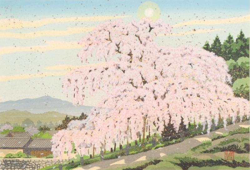 桜の絵画を木版画で制作した井堂雅夫の和の桜の絵「春爛漫の滝桜」を