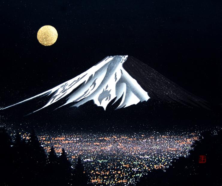 富士山の絵画を木版画で制作した宮本秋風の富士山の和の絵「夜富士」を