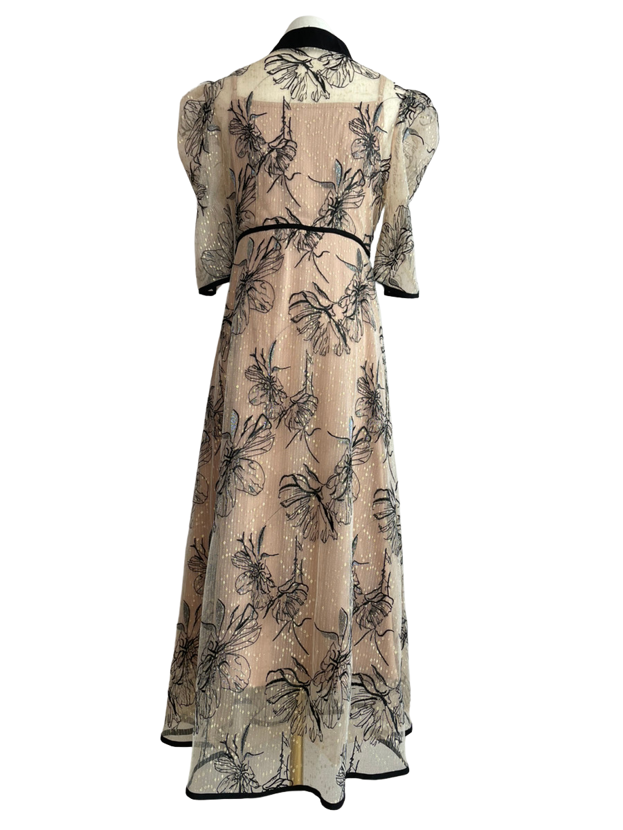 配色パイピングプチハイネック花柄刺繍ラメレースロング丈ドレス