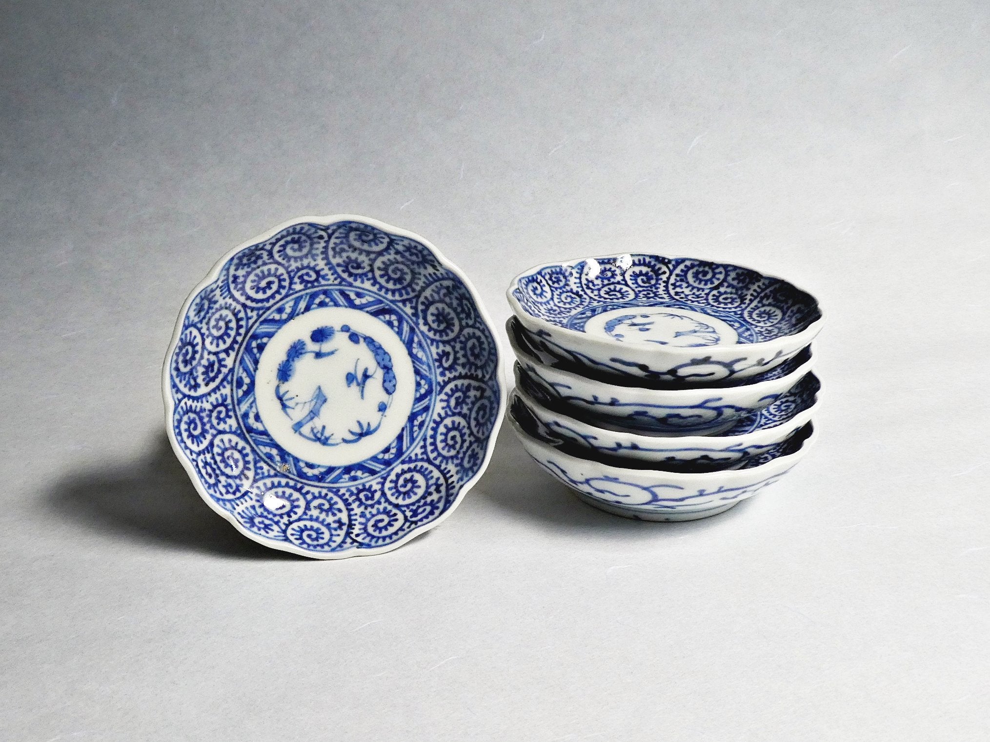 古伊万里染付 たこ唐草 膾皿 4枚 無傷 江戸時代後期(成化