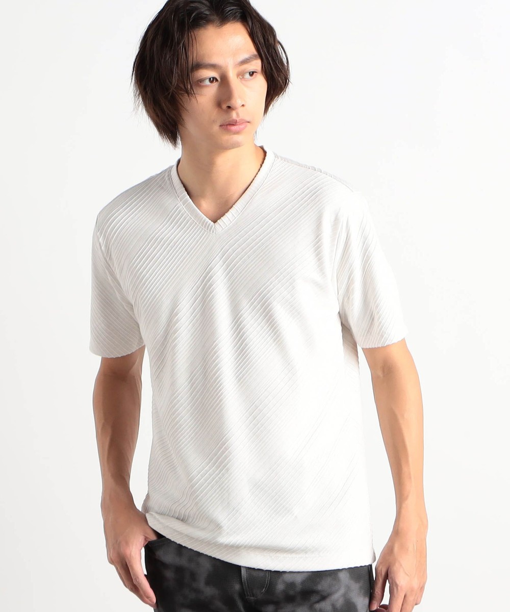 ブリスターチェックジャガードVネック半袖Tシャツ｜カットソー