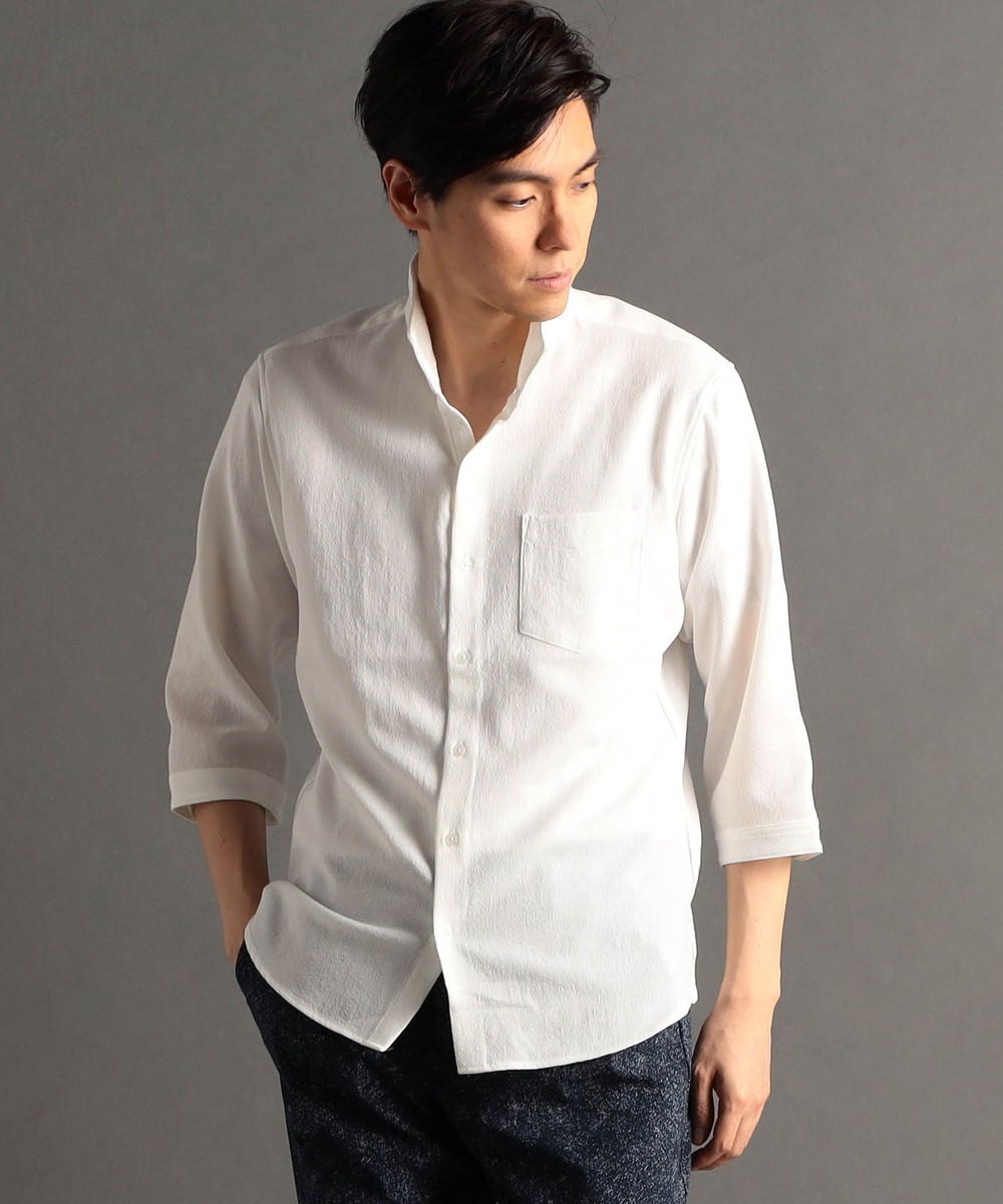 canal deux Luxe】リネン混 スタンドカラー7分袖シャツ｜5分/7分袖