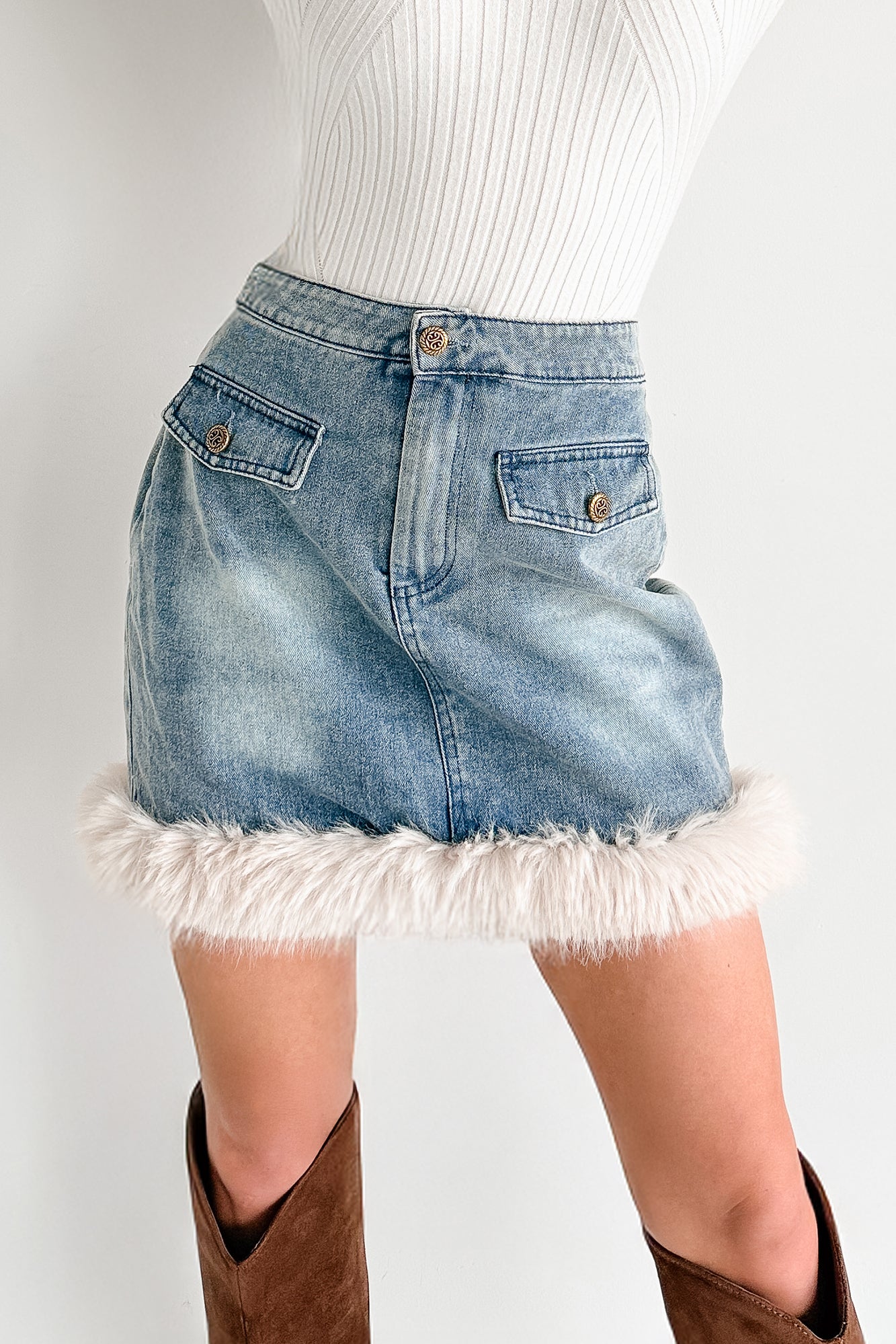 Charm Season Faux Fur Trim Mini Skirt (Denim Blue) · NanaMacs