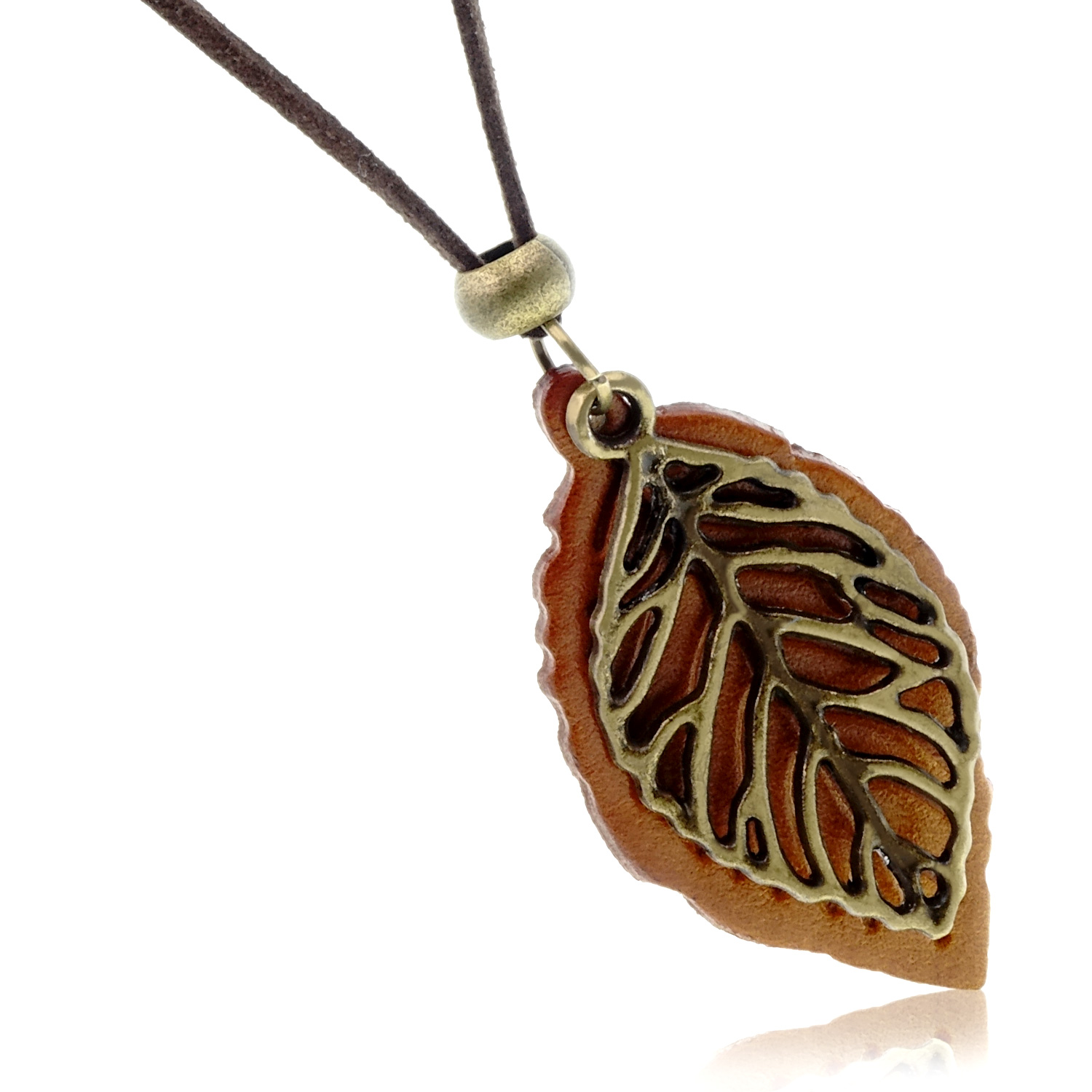 ロングネックレス 革紐 レザー アクセサリーレディース 木の葉 ライト