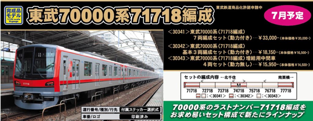 GM 東武70000系（71718編成）7両編成セット（動力付き）品番:30341
