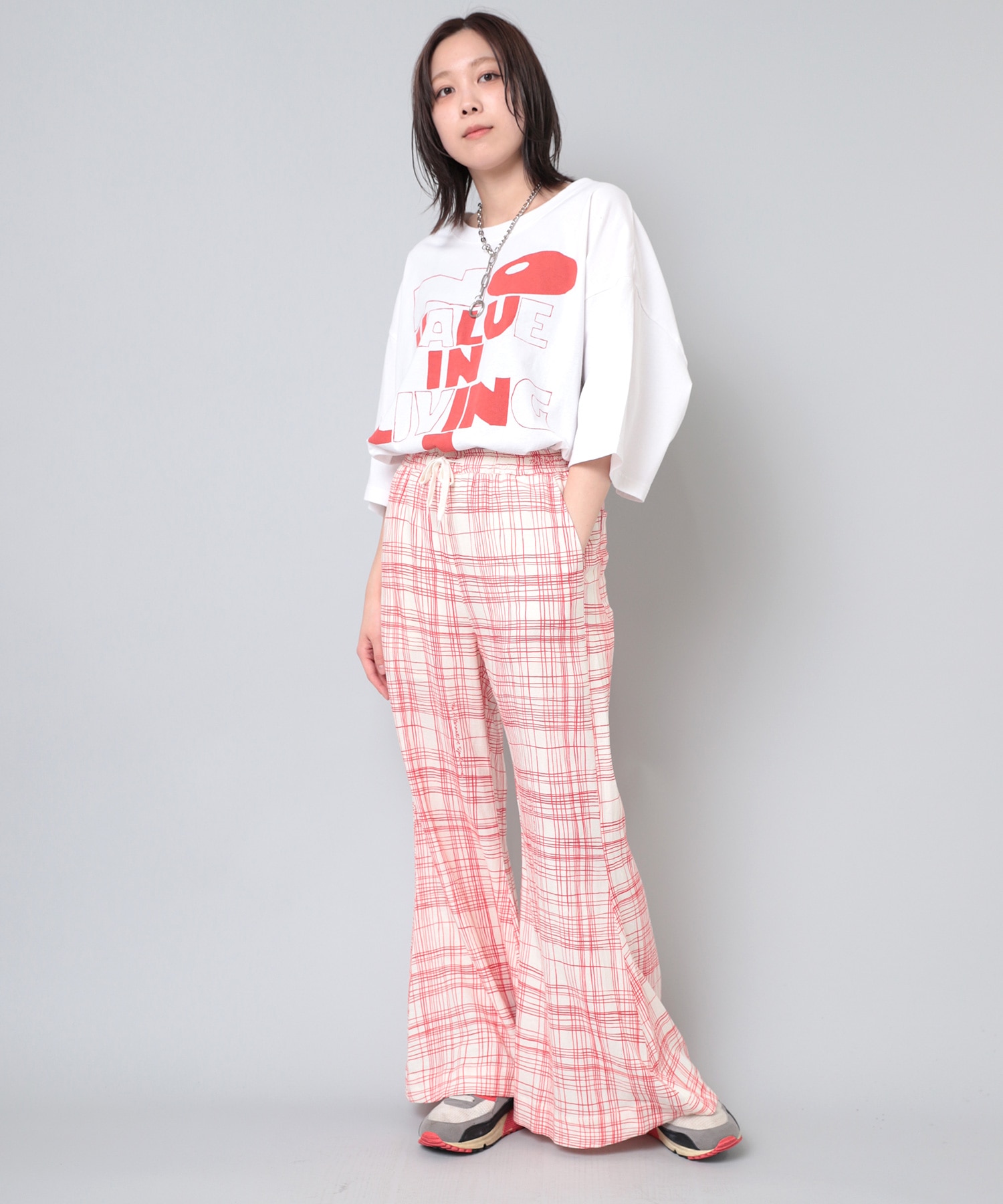 R4102 クレヨンチェックスーパーフレアパンツ(M ホワイト/ブラック