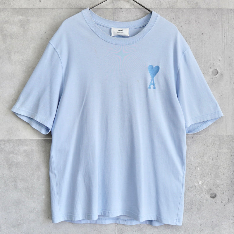 アミ パリス アミパリ ハートロゴ刺繍 Tシャツ ロゴ刺繍 ブルー