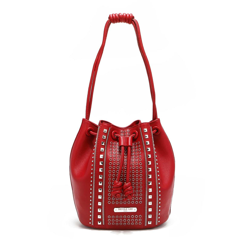 Studded Vegan Leather Bucket Bag, Women's Medium Drawstring