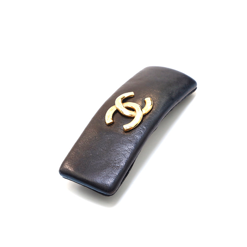 シャネル☆バレッタココマークロゴヘアピンヘアアクセヴィンテージ茶革