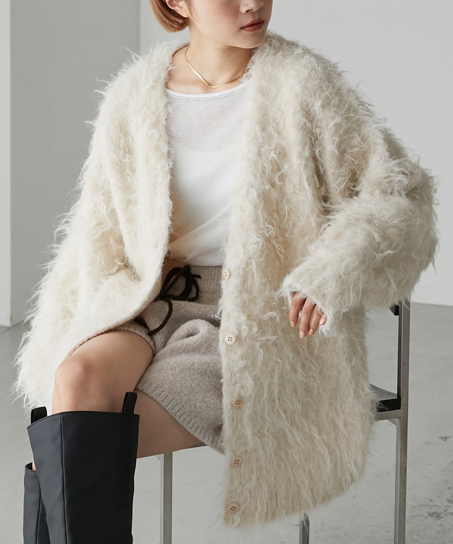 monitaly シャギーニットカーディガン Vネック 長袖 チェック柄 M