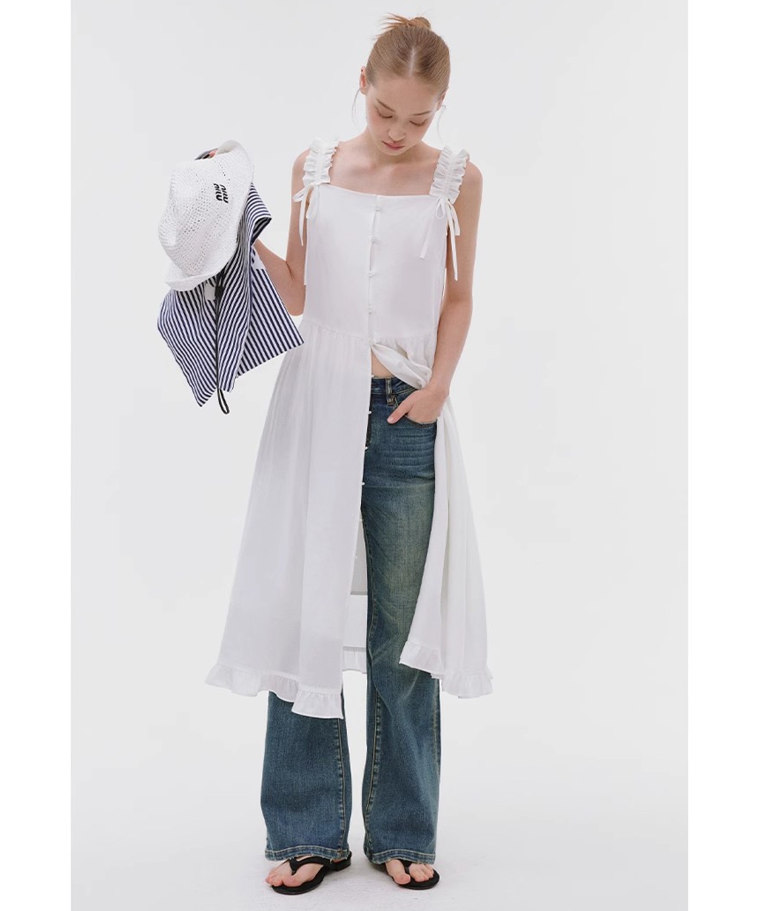 フリルリボンストラップ フロントボタンワンピース FX25L165【Fano