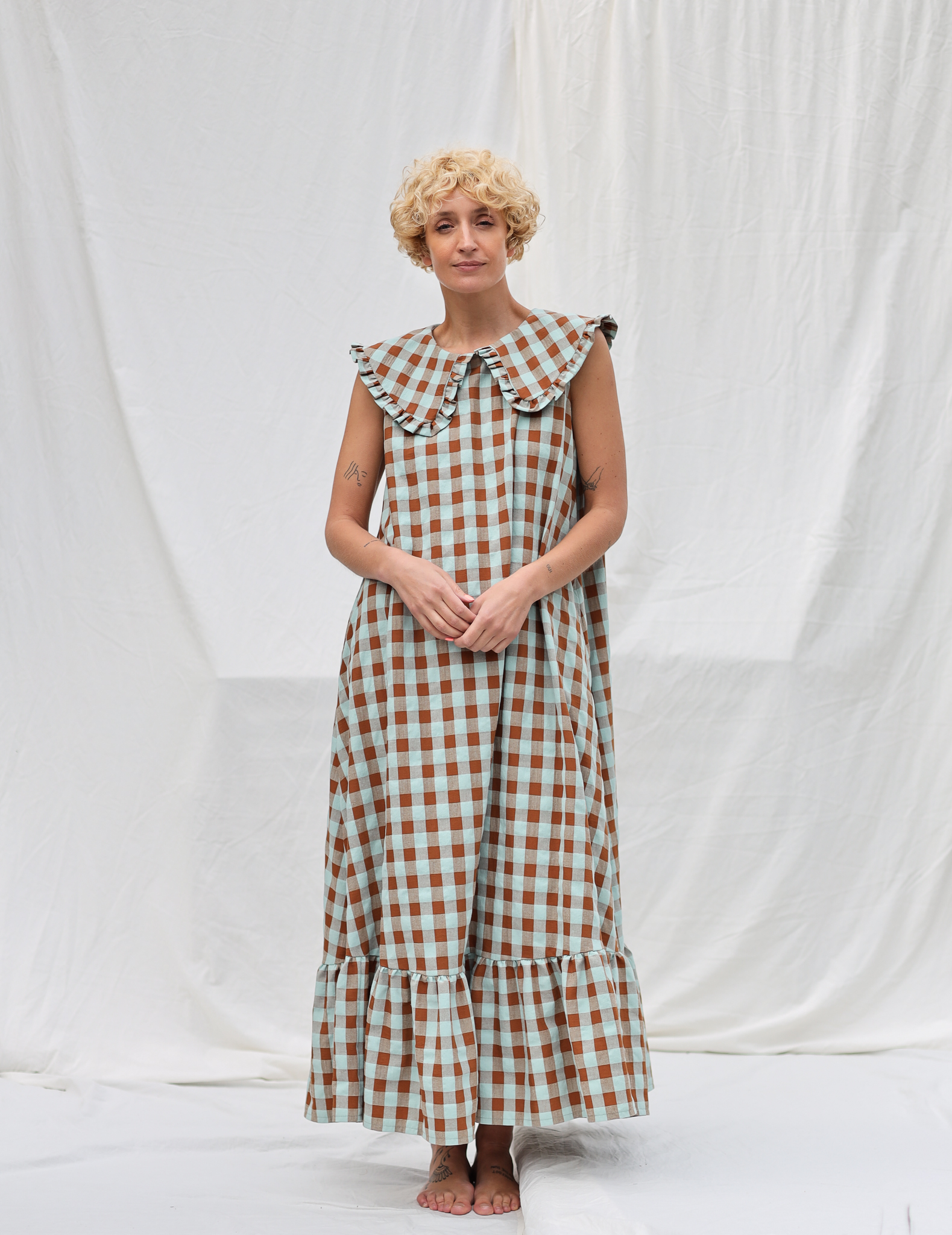 Puritan collar A line Maxi seersucker checks dress PHOEBE – OffOn