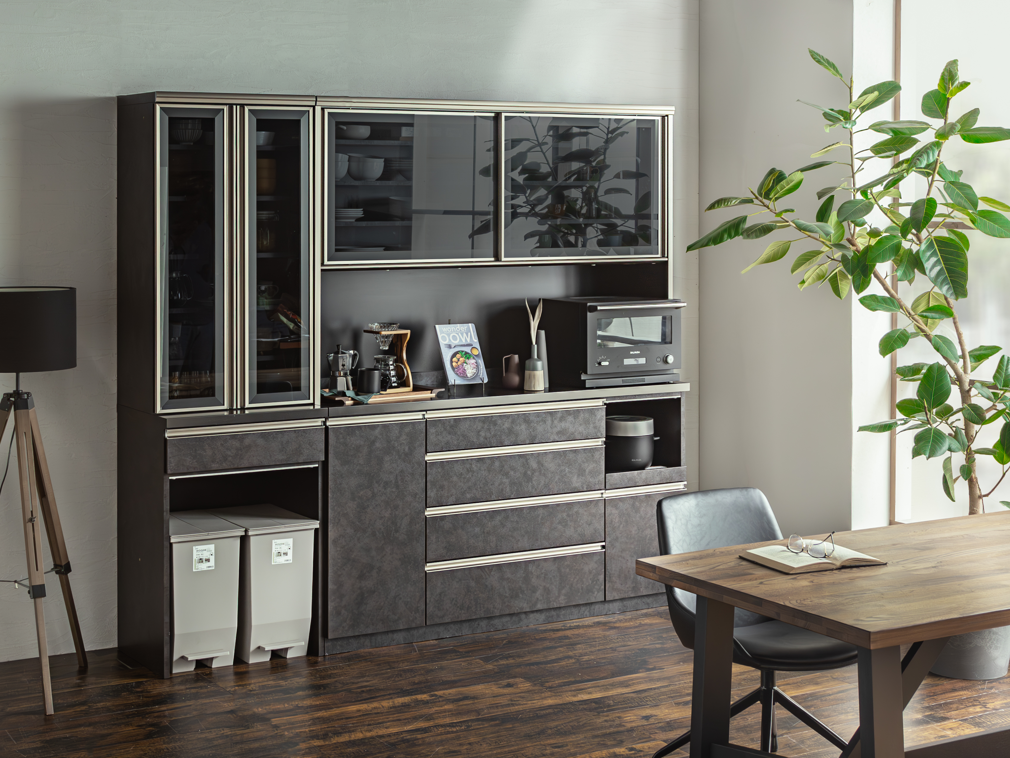 幅160 奥行48 高さ198】引き戸式の食器棚レオン160オープンボード