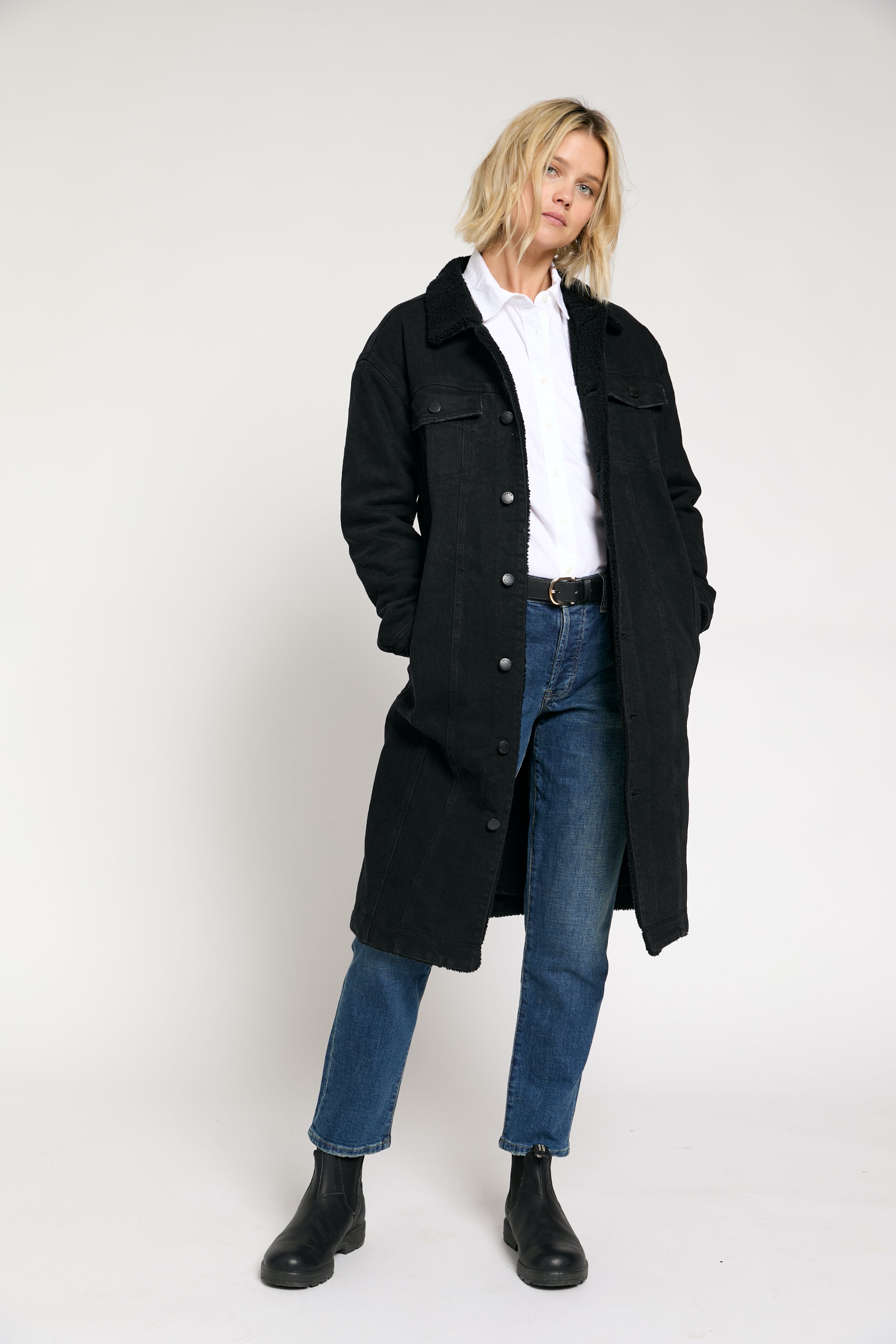 Sherpa Long Coat for Women | Soft Black Outerwear - Oliver Logan