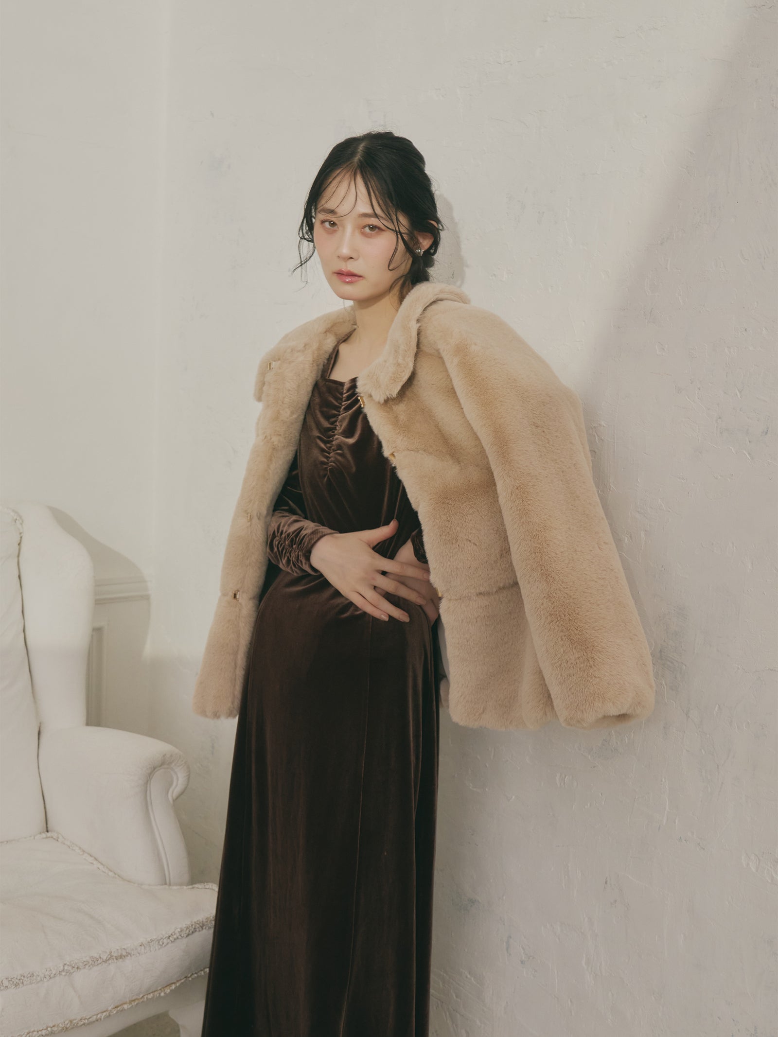 フロントギャザーベロアワンピース