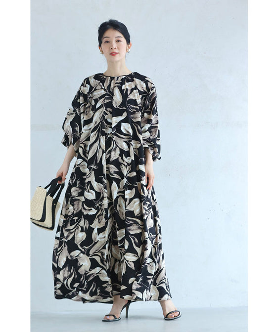 スタイリッシュなリーフ柄ロングワンピース – ONE PEACE ONLINE