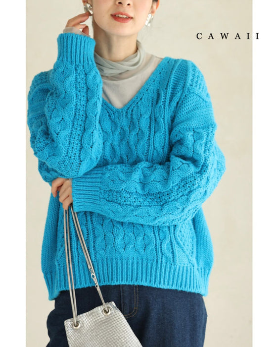 鮮やかブルーのざっくり編みニットプルオーバートップス – ONE PEACE