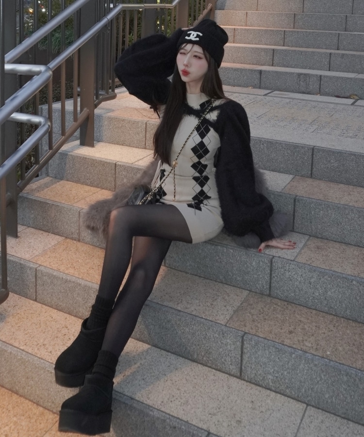 argyle ribbon onepiece×2way cardigan set(M MOKU GRAY): ワンピース