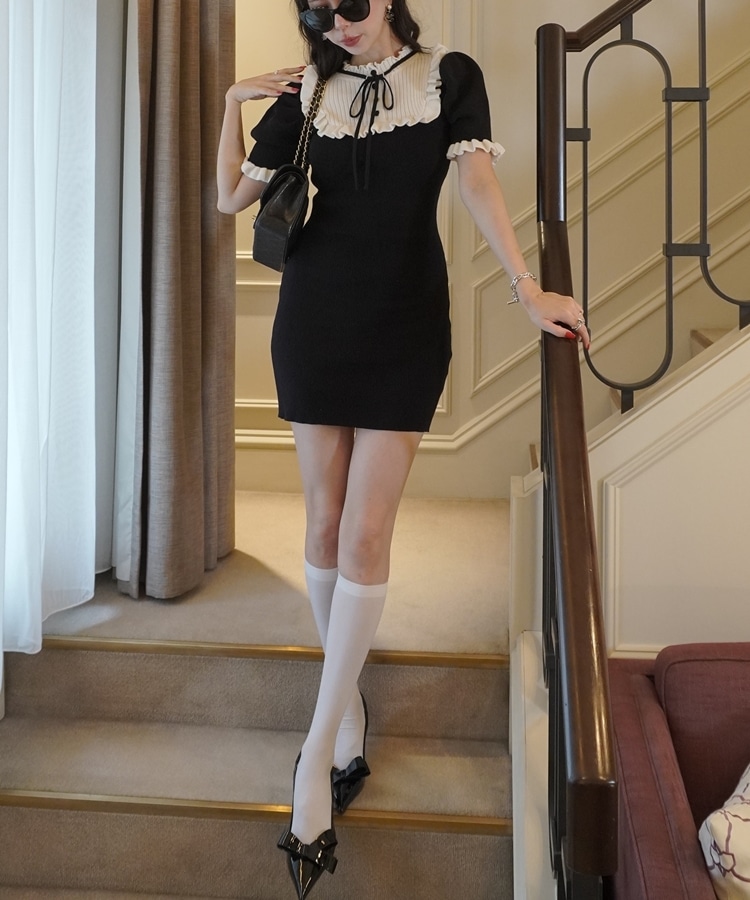 french ruffle ribbon onepiece(M BLACK/BEIGE): ワンピース｜PMbox