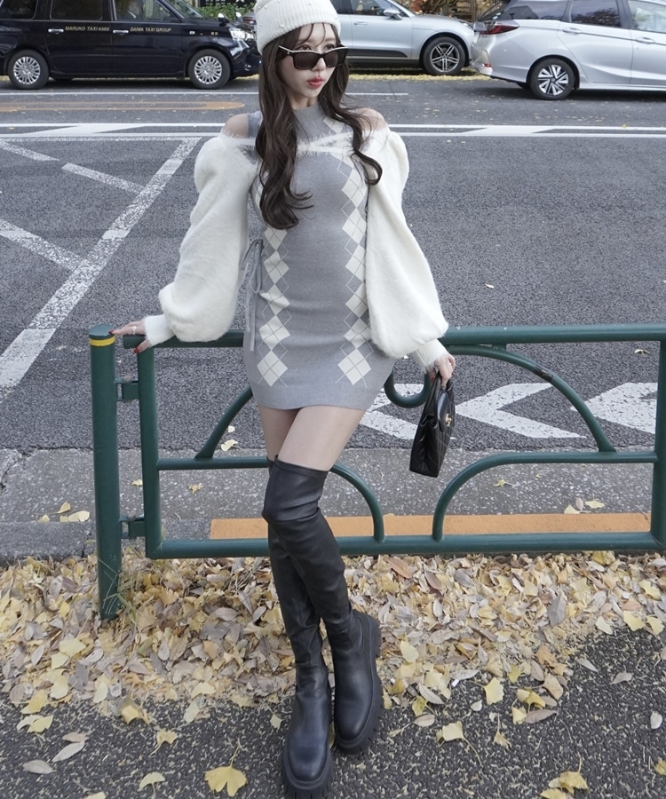 argyle ribbon onepiece×2way cardigan set(M MOKU GRAY): ワンピース