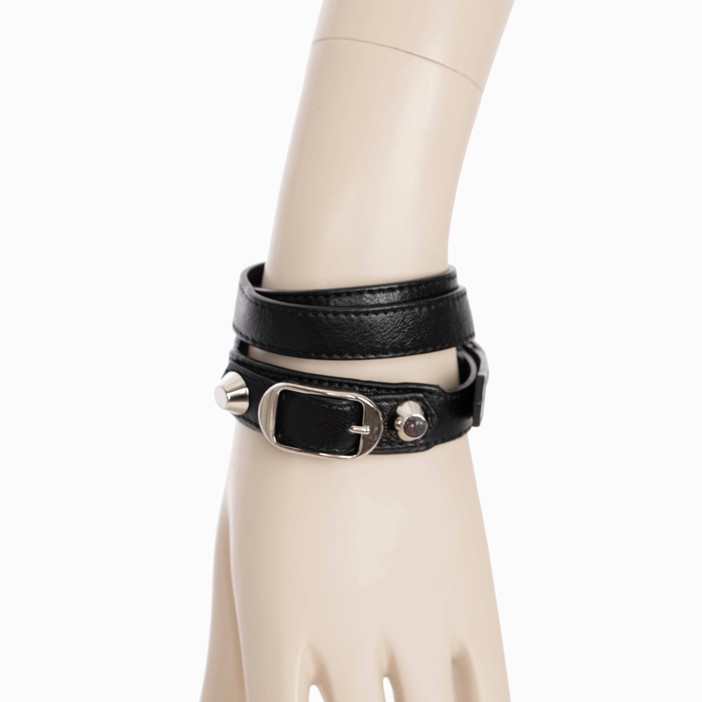 Balenciaga Black Leather Double Wrap Bracelet With Silver Tone Hardwar