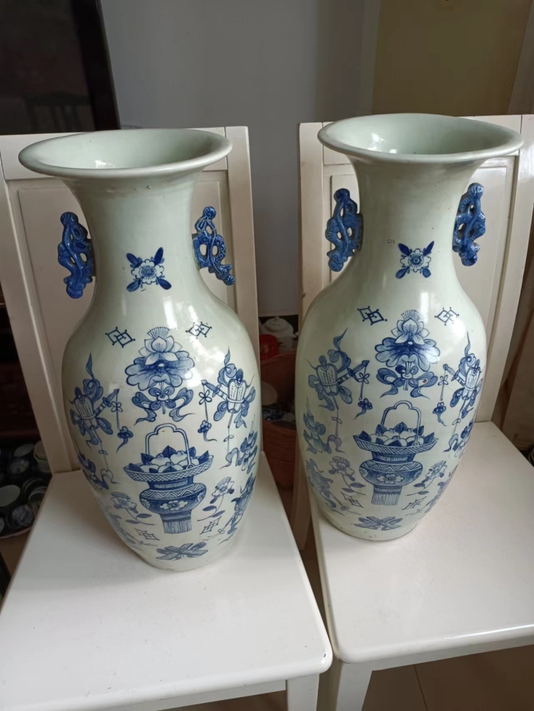 清代豆青釉青花杂宝八仙图大花瓶一对- 祥远阁15608605504 - 祥远阁