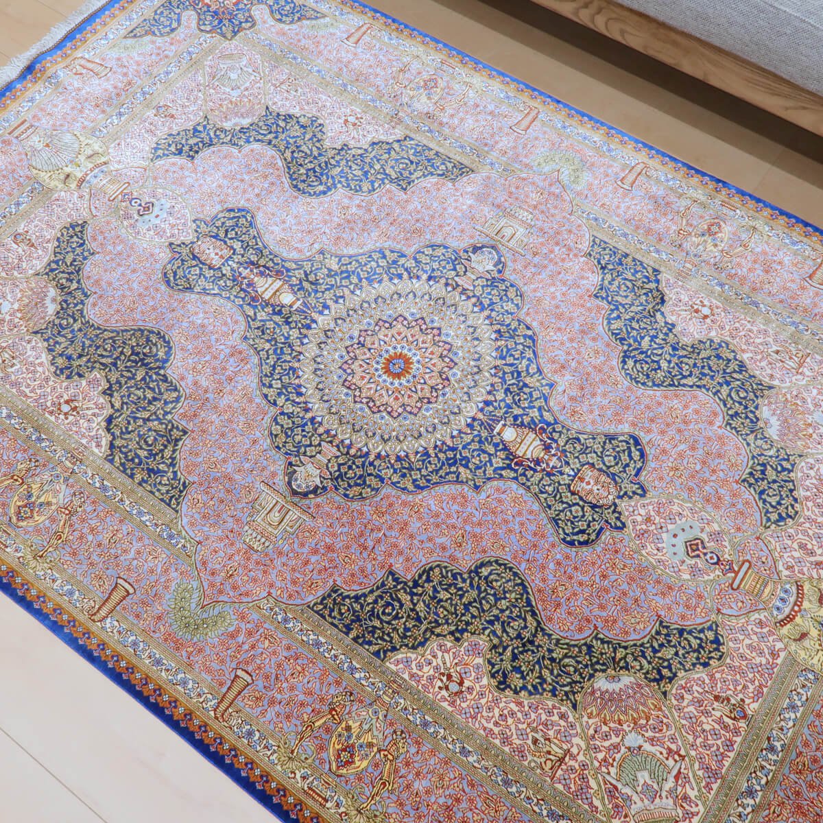 高級ペルシャ絨毯クム、シルク100％ ジャムシーディ 200×131cm（FL