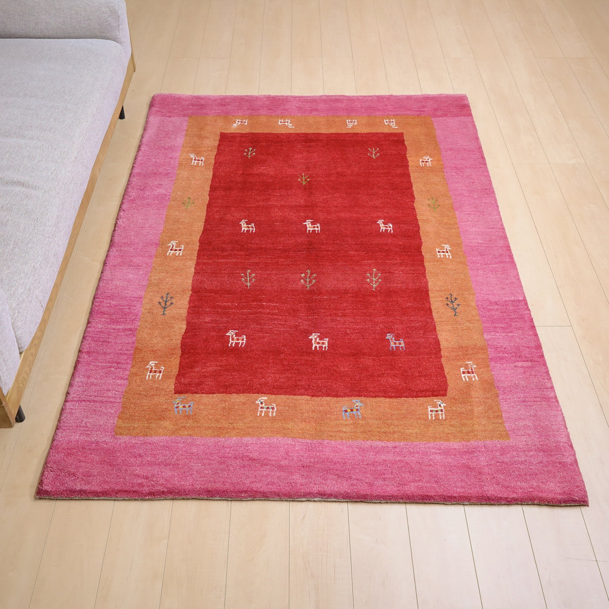 ギャッベ,ラグ,209×144cm,手織り,ウール,ペルシャ絨毯,ピンク×レッド