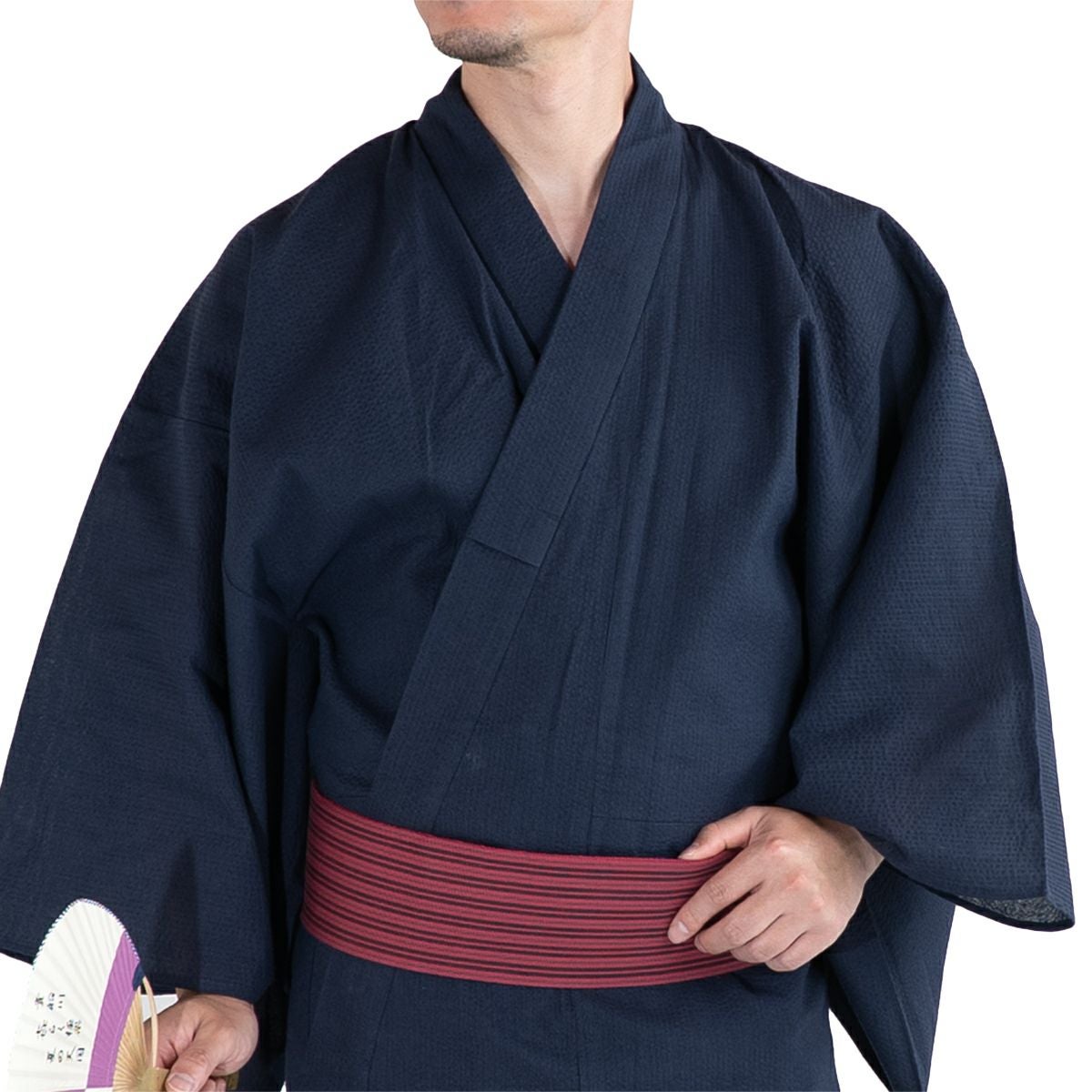 初めての方はコレ!浴衣セット しじら 綿麻 紺 165cm～185cm前後対応 M