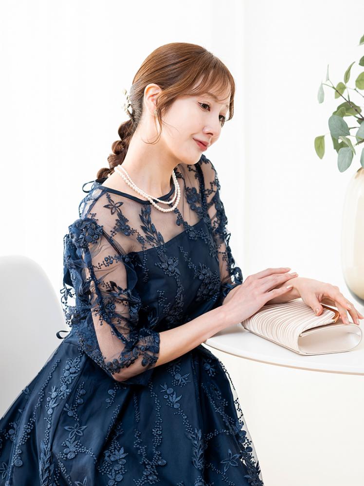 花柄刺繍レースドレス(ネイビー)H1-402NA-M | OTONA DRESS