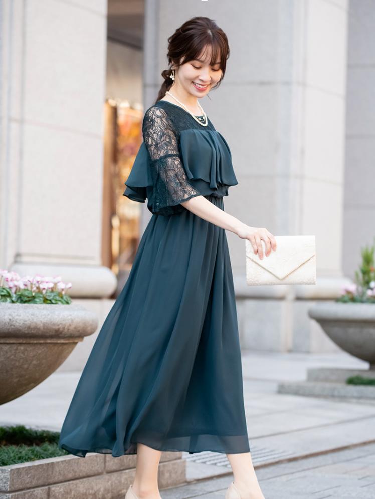 フレアディティールドレス(グリーン)CR1-374GR-XL | OTONA DRESS